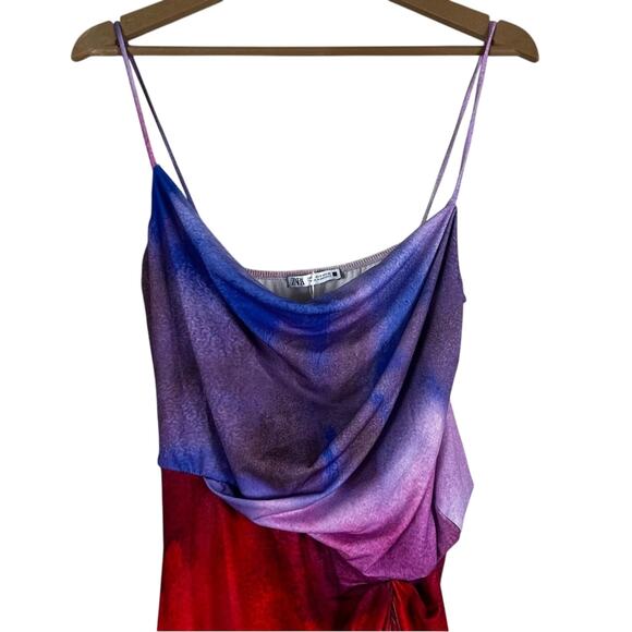 Zara Maxi Dress Womens S Multicolor Tie Dye Draped Ruched Slit Beachy Evening - Picture 3 of 7